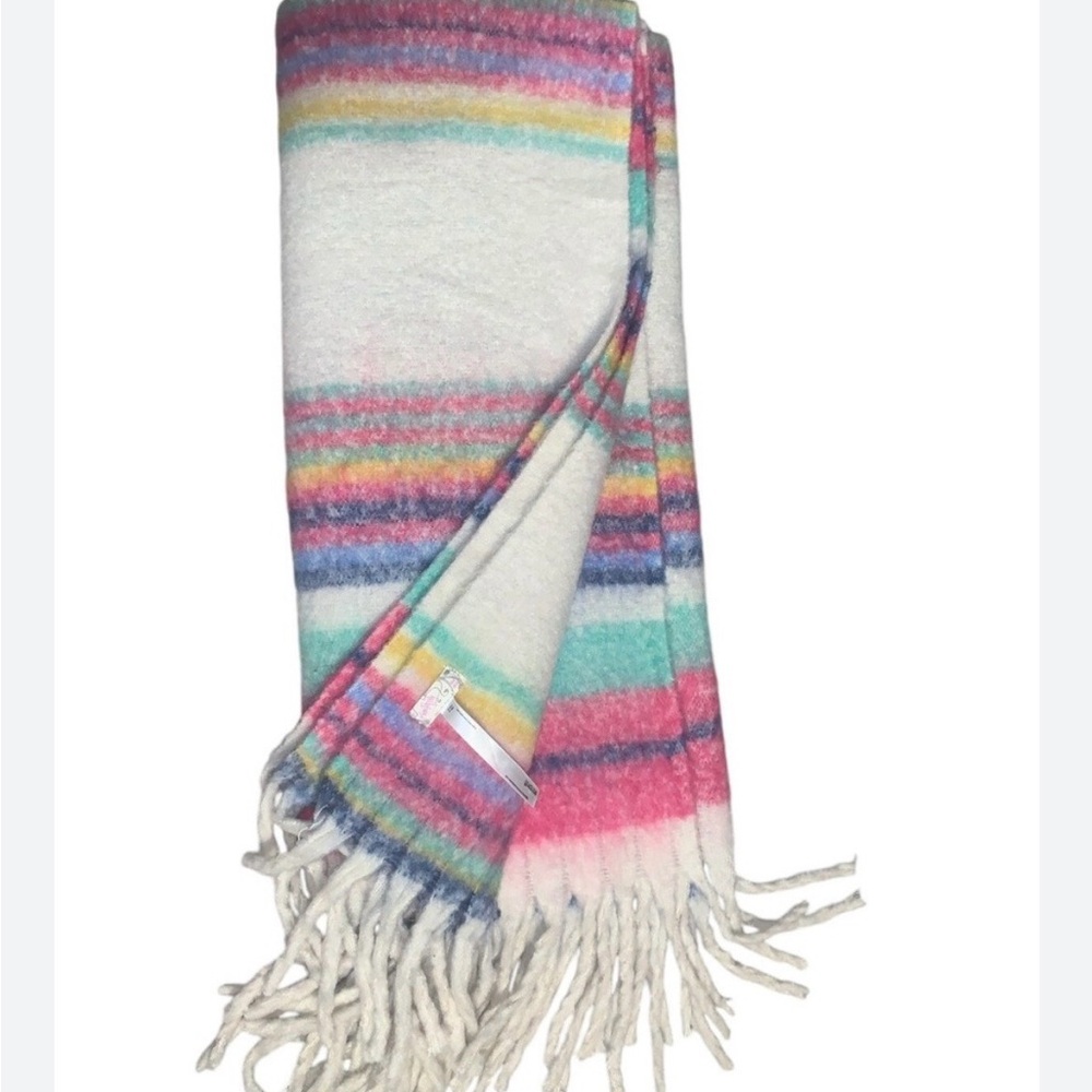 New Free People Pastel Rainbow Stripe Fringe Throw Blanket Soft Cozy